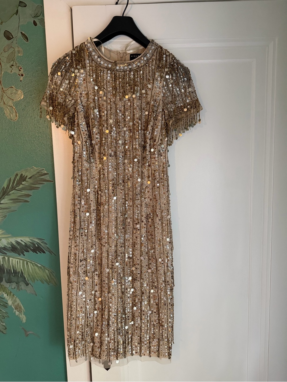 Aidan Mattox Gold Sequin Fringe-Sleeve Midi Dress